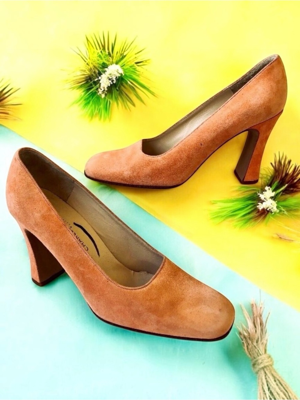 Michel Perry for Charles Jourdan Vtg 80's Orange Suede Square Toe Pump Women 8.5